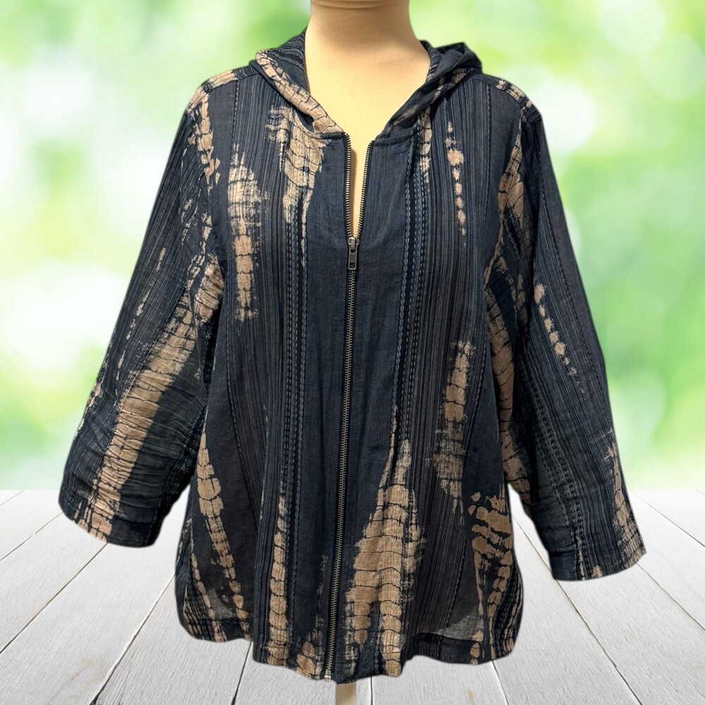 COLDWATER CREEK Hooded Gauze Jacket Zip Boho Textured Tie Dye Black Tan Size L